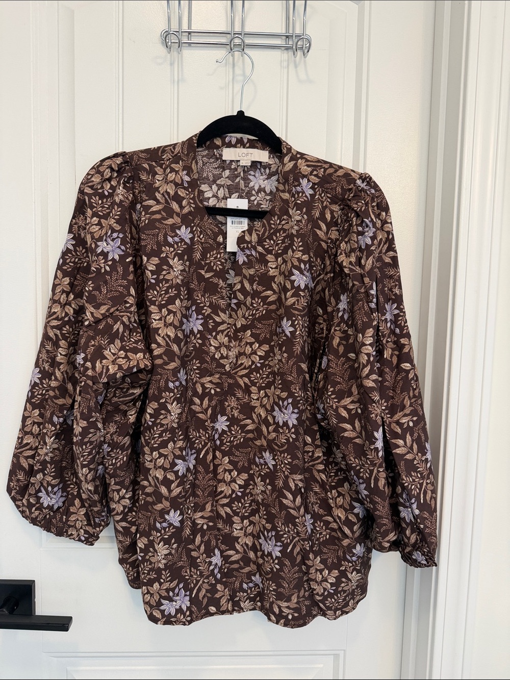 LOFT Brown Floral Puff-Sleeve Blouse with Lavender Accents
